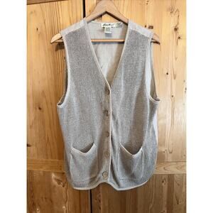 Eddie Bauer Vest Womens M Khaki Beige Crochet Linen Button Up Fishermans Coastal